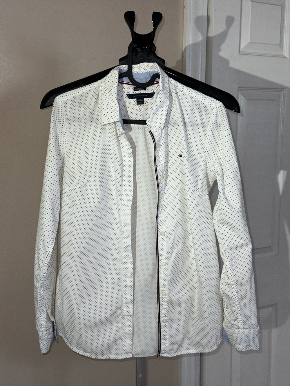 White Women Long-Sleeve Button-Up Shirt with Micro Dot Print XXS